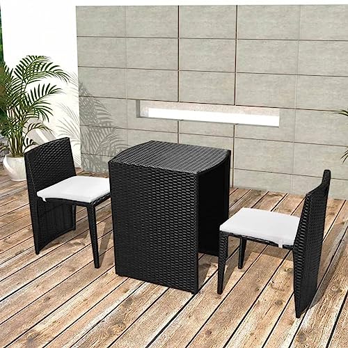 JUNZAI 3-TLG. Bistro-Set mit Auflagen, Gartenset Tisch Und Stühle, Balkon Möbel Für Kleinen Balkon, Terrassenmöbel, Balkonset, Balkonmöbel, Poly Rattan Schwarz von JUNZAI