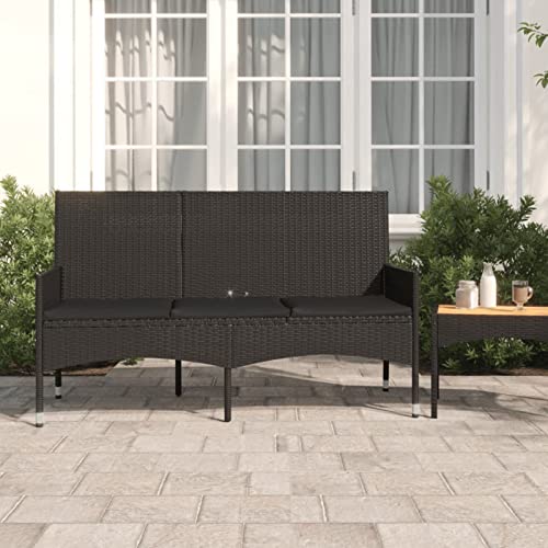 JUNZAI Gartenbank 3-Sitzer mit Kissen, Sitzbank Garten, Sitzbank Outdoor, Balkon Bank, Balkonbank, Parkbank, Schwarz Poly Rattan von JUNZAI