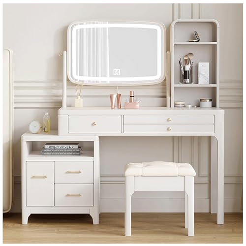 JUSHIW Vanity Table White Vanity Desk, Makeup Vanity Set with LED Mirror, Movable Side Cabinet, Soft Cushioned Stool, Woman Bedroom Dressing Table Makeup Table von JUSHIW