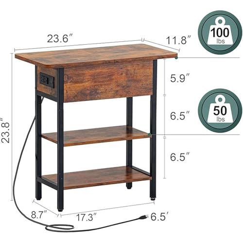 JUSKAQZYI Klappbarer Nachttisch, schmaler Beistelltisch mit USB-Anschlüssen und zweistufigem Ablagefach for Schlafzimmer, Wohnzimmer, Büro(Berry Brown) von JUSKAQZYI