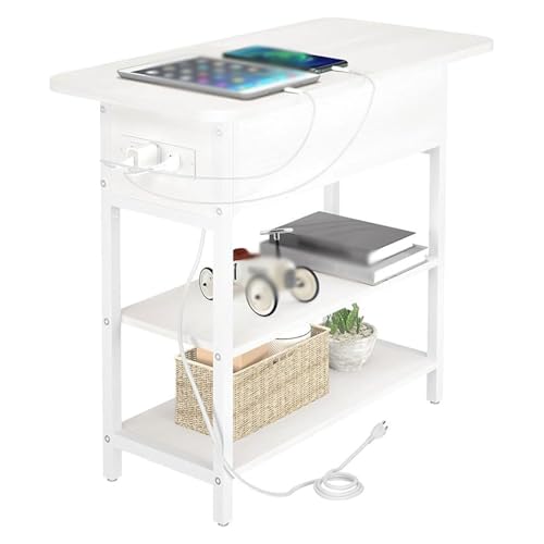 JUSKAQZYI Klappbarer Nachttisch, schmaler Beistelltisch mit USB-Anschlüssen und zweistufigem Ablagefach for Schlafzimmer, Wohnzimmer, Büro(Blanc) von JUSKAQZYI