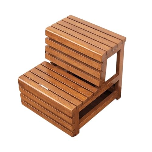 JUSKAQZYI klappleiter 2-stöckiger Treppenhocker, verdickter Leiterstuhl aus Holz, tragbare Kletterbank, geeignet for Badezimmer, Arbeitszimmer, Schlafzimmer, Küche trittleiter(Chestnut Wood) von JUSKAQZYI