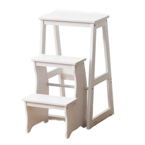 JUSKAQZYI klappleiter 3-stufiger Treppenhocker, Klapptreppenstuhl aus Holz, multifunktionale Kletterbank for Ausruhen oder Tragen hoher Gegenstände trittleiter(Blanc) von JUSKAQZYI