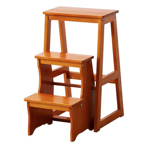 JUSKAQZYI klappleiter 3-stufiger Treppenhocker, Klapptreppenstuhl aus Holz, multifunktionale Kletterbank for Ausruhen oder Tragen hoher Gegenstände trittleiter(Honey) von JUSKAQZYI