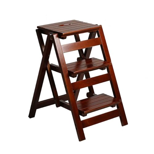 JUSKAQZYI klappleiter Dreistufiger Treppenhocker, multifunktionaler, klappbarer Leiterstuhl aus Massivholz, dekoratives Pflanzenregal, geeignet for den Hausgebrauch trittleiter(Cherry Color) von JUSKAQZYI