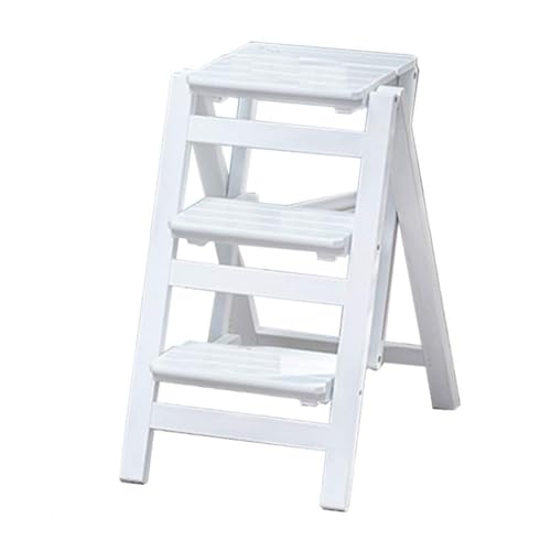 JUSKAQZYI klappleiter Tragbarer Treppenhocker, Multifunktionaler Dreistufiger Leiter-Klapptreppenstuhl Aus Holz, Geeignet for Küche, Arbeitszimmer, Schlafzimmer trittleiter(Blanc) von JUSKAQZYI