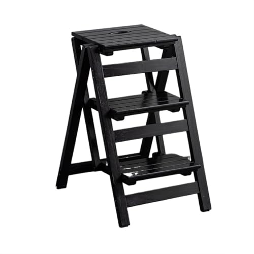 JUSKAQZYI klappleiter Tragbarer Treppenhocker, Multifunktionaler Dreistufiger Leiter-Klapptreppenstuhl Aus Holz, Geeignet for Küche, Arbeitszimmer, Schlafzimmer trittleiter(Dark Walnut) von JUSKAQZYI