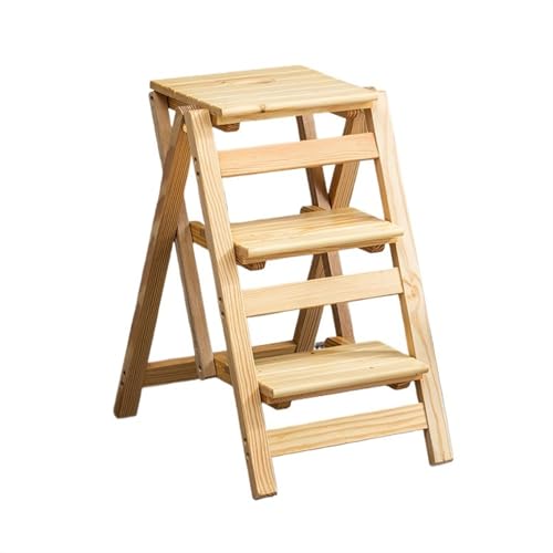 JUSKAQZYI klappleiter Tragbarer Treppenhocker, Multifunktionaler Dreistufiger Leiter-Klapptreppenstuhl Aus Holz, Geeignet for Küche, Arbeitszimmer, Schlafzimmer trittleiter(Natural Wood) von JUSKAQZYI