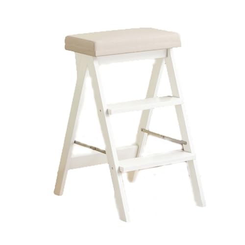 JUSKAQZYI klappleiter Treppenhocker aus Massivholz, Klappleiterbank for den Haushalt, tragbarer Trittstuhl, geeignet for Küche, Bad und Büro trittleiter(Blanc,Gris) von JUSKAQZYI