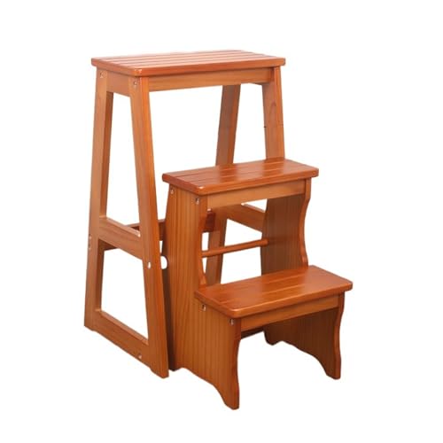 JUSKAQZYI klappleiter Treppenhocker aus Massivholz, multifunktionaler Klapptreppenstuhl mit DREI Stufen, geeignet for Küche, Bad und Büro trittleiter(Light Walnut) von JUSKAQZYI