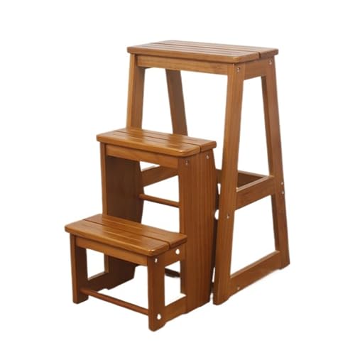 JUSKAQZYI klappleiter Treppenhocker aus Massivholz, multifunktionaler dreistufiger Leiterstuhl, Klapptreppe, geeignet for Küche, Bad und Büro trittleiter(Light Walnut) von JUSKAQZYI