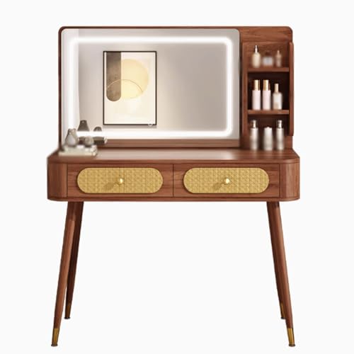 JUSKAQZYI schmink Tisch Kleines Schminktisch-Set mit quadratischem Spiegel und Licht – Schminktisch mit Schubladen, Rattan-Leder-Inlay, Handwerkskunst, Walnuss schminktische(100cm) von JUSKAQZYI