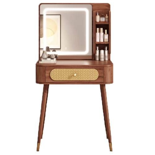 JUSKAQZYI schmink Tisch Kleines Schminktisch-Set mit quadratischem Spiegel und Licht – Schminktisch mit Schubladen, Rattan-Leder-Inlay, Handwerkskunst, Walnuss schminktische(60cm) von JUSKAQZYI