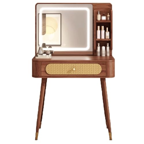 JUSKAQZYI schmink Tisch Kleines Schminktisch-Set mit quadratischem Spiegel und Licht – Schminktisch mit Schubladen, Rattan-Leder-Inlay, Handwerkskunst, Walnuss schminktische(80cm) von JUSKAQZYI