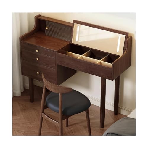 JUSKAQZYI schmink Tisch Schminktisch aus Massivholz, Schminktisch mit Klappspiegel, ohne Stuhl, mit 3 Schubladen und Schaufenster, 80/100/120 cm, Walnussfarbe schminktische(100cm) von JUSKAQZYI