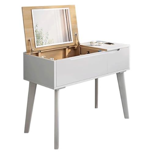 JUSKAQZYI schmink Tisch Schminktisch aus Massivholz, integrierter Spiegel im Clamshell-Stil, Kleiner Schminktisch mit 1 Schublade, 100/120 x 45 x 75 cm schminktische(Blanc,1.0m) von JUSKAQZYI