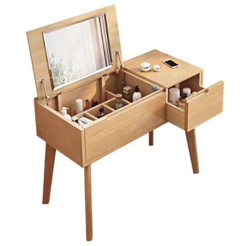 JUSKAQZYI schmink Tisch Schminktisch aus Massivholz, integrierter Spiegel im Clamshell-Stil, Kleiner Schminktisch mit 1 Schublade, 100/120 x 45 x 75 cm schminktische(Legno,1.2m) von JUSKAQZYI