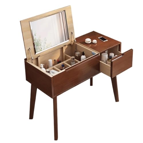 JUSKAQZYI schmink Tisch Schminktisch aus Massivholz, integrierter Spiegel im Clamshell-Stil, Kleiner Schminktisch mit 1 Schublade, 100/120 x 45 x 75 cm schminktische(Walnut,1.2m) von JUSKAQZYI