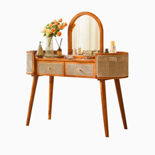 JUSKAQZYI schmink Tisch Schminktisch mit Spiegel, Retro-Schminktisch aus Massivholz, Rattan, mit 2 Schubladen, for Damen und Mädchen, Schlafzimmer schminktische(Legno) von JUSKAQZYI