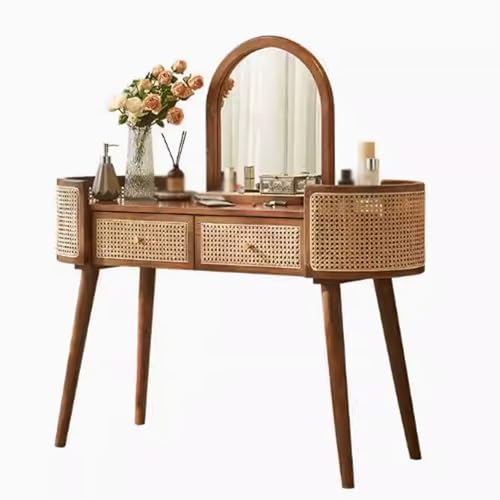 JUSKAQZYI schmink Tisch Schminktisch mit Spiegel, Retro-Schminktisch aus Massivholz, Rattan, mit 2 Schubladen, for Damen und Mädchen, Schlafzimmer schminktische(Walnut) von JUSKAQZYI