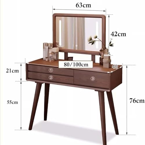 JUSKAQZYI schmink Tisch Schminktisch mit Spiegel und Beleuchtung, moderner Frisiertisch mit Schubladen for Schlafzimmer, Nussbaumholz, 31 Zoll schminktische(80cm) von JUSKAQZYI