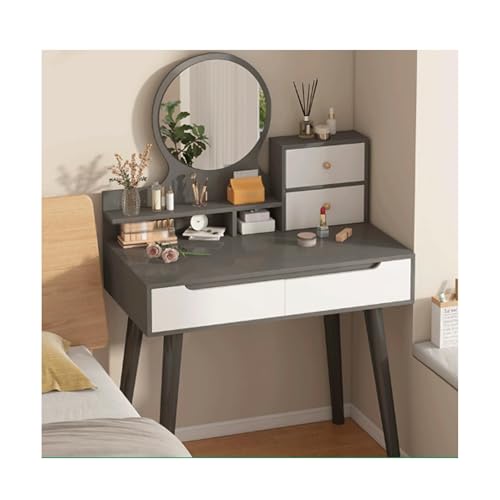 JUSKAQZYI schmink Tisch Schminktisch mit rundem Spiegel und Beleuchtung, Kleiner Frisiertisch fürs Schlafzimmer mit viel Stauraum, Eiche, 78,7 cm schminktische(Grey,Double) von JUSKAQZYI