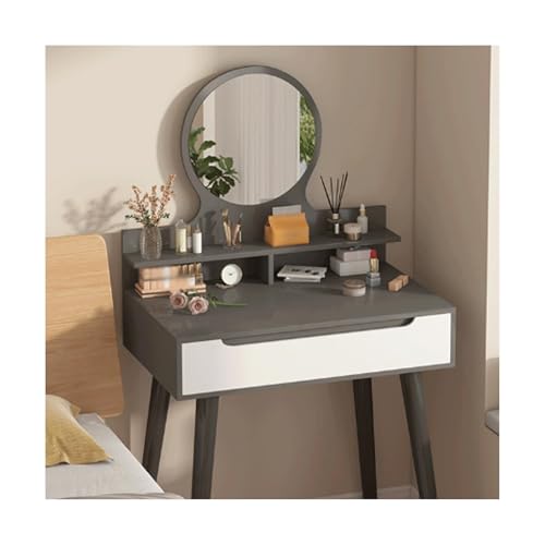 JUSKAQZYI schmink Tisch Schminktisch mit rundem Spiegel und Beleuchtung, Kleiner Frisiertisch fürs Schlafzimmer mit viel Stauraum, Eiche, 78,7 cm schminktische(Grey,Single) von JUSKAQZYI