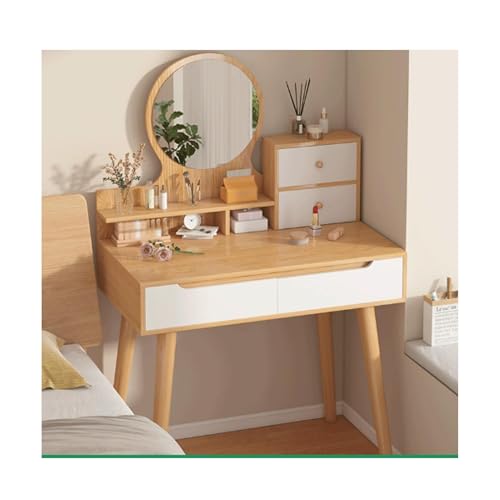 JUSKAQZYI schmink Tisch Schminktisch mit rundem Spiegel und Beleuchtung, Kleiner Frisiertisch fürs Schlafzimmer mit viel Stauraum, Eiche, 78,7 cm schminktische(Oak,Double) von JUSKAQZYI