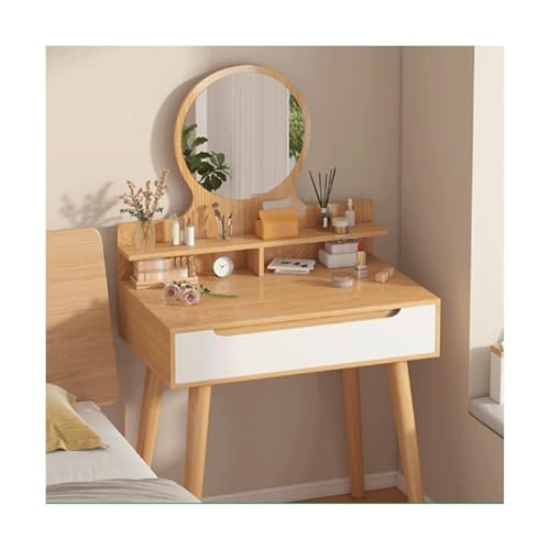 JUSKAQZYI schmink Tisch Schminktisch mit rundem Spiegel und Beleuchtung, Kleiner Frisiertisch fürs Schlafzimmer mit viel Stauraum, Eiche, 78,7 cm schminktische(Oak,Single) von JUSKAQZYI