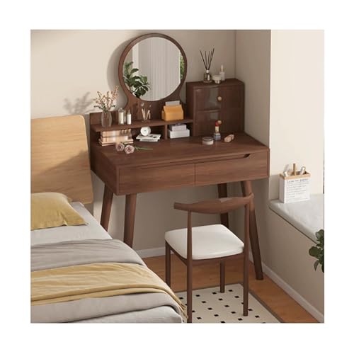 JUSKAQZYI schmink Tisch Schminktisch mit rundem Spiegel und Beleuchtung, Kleiner Frisiertisch fürs Schlafzimmer mit viel Stauraum, Eiche, 78,7 cm schminktische(Walnut,Double) von JUSKAQZYI