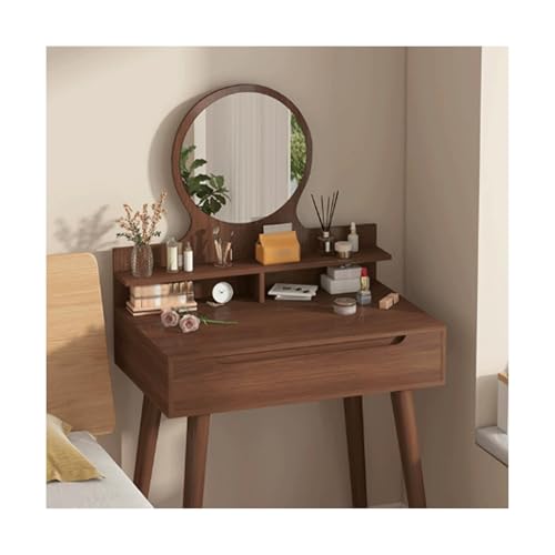 JUSKAQZYI schmink Tisch Schminktisch mit rundem Spiegel und Beleuchtung, Kleiner Frisiertisch fürs Schlafzimmer mit viel Stauraum, Eiche, 78,7 cm schminktische(Walnut,Single) von JUSKAQZYI