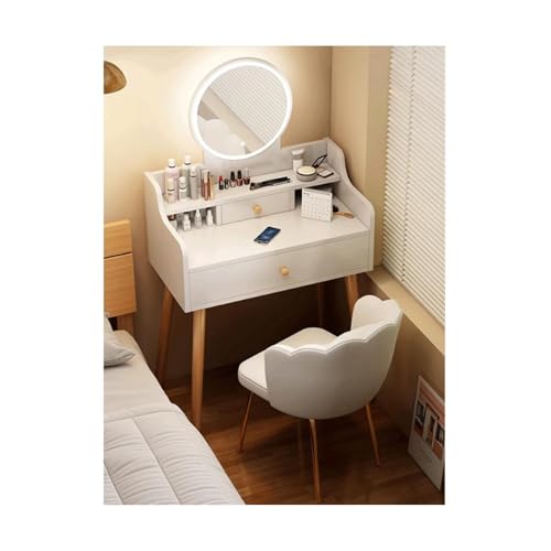 JUSKAQZYI schmink Tisch Schminktisch mit rundem Spiegel und Lichtern, Frisiertisch-Set mit Schubladen, Schminktisch for Schlafzimmer (Grauweiß) schminktische(Blanc,60cm) von JUSKAQZYI