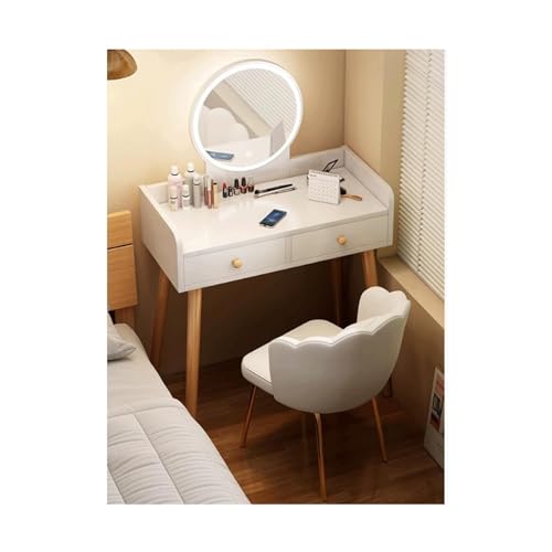 JUSKAQZYI schmink Tisch Schminktisch mit rundem Spiegel und Lichtern, Frisiertisch-Set mit Schubladen, Schminktisch for Schlafzimmer (Grauweiß) schminktische(Blanc,80cm) von JUSKAQZYI
