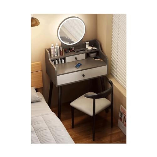 JUSKAQZYI schmink Tisch Schminktisch mit rundem Spiegel und Lichtern, Frisiertisch-Set mit Schubladen, Schminktisch for Schlafzimmer (Grauweiß) schminktische(Grey,60cm) von JUSKAQZYI
