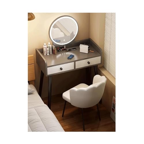 JUSKAQZYI schmink Tisch Schminktisch mit rundem Spiegel und Lichtern, Frisiertisch-Set mit Schubladen, Schminktisch for Schlafzimmer (Grauweiß) schminktische(Grey,80cm) von JUSKAQZYI