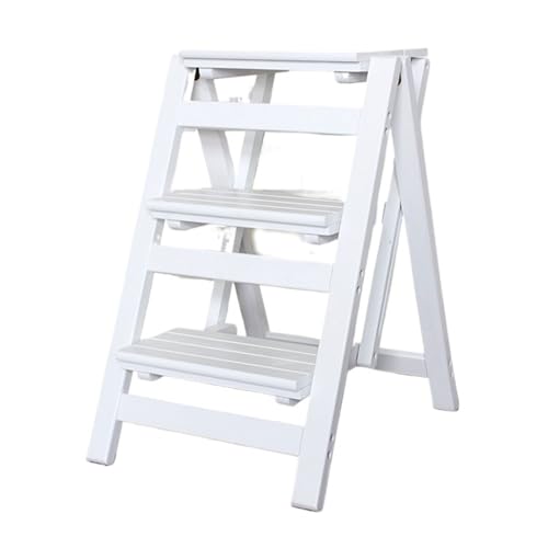 klappleiter Treppenhocker mit doppeltem Verwendungszweck, multifunktionaler Leiterstuhl, Dekoration, klappbare Trittbank aus Holz for Küche, Arbeitszimmer, Büro trittleiter(Blanc) von JUSKAQZYI