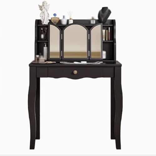 schmink Tisch Schminktisch mit abnehmbarem Spiegel, Vintage aus Holz, mit offenen Regalen for Schlafzimmer (Walnuss, Schwarz) schminktische(Svart,80x45x115cm) von JUSKAQZYI