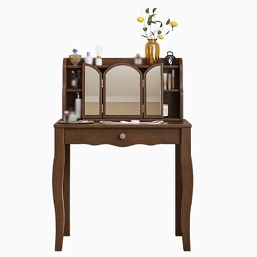 schmink Tisch Schminktisch mit abnehmbarem Spiegel, Vintage aus Holz, mit offenen Regalen for Schlafzimmer (Walnuss, Schwarz) schminktische(Walnut,110x45x115cm) von JUSKAQZYI