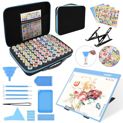 JUSONEY Diamond Painting Zubehör Boxen, 80 Stück Diamond Painting Aufbewahrungsbox mit 3 Helligkeit Leuchttisch A4 Werkzeug Set mit Diamond Painting Stift DIY Handwerk Als Geschenk, Blau von JUSONEY