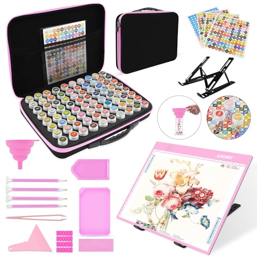 JUSONEY Diamond Painting Zubehör Boxen, 80 Stück Diamond Painting Aufbewahrungsbox mit 3 Helligkeit Leuchttisch A4 Werkzeug Set DIY Handwerk Als Geschenk, Rosa von JUSONEY