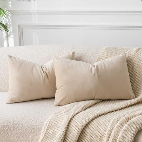 JUSPURBET Khaki Lendenkissen Samt-Kissenbezüge 40cmx60cm 2er-Set für Wohnzimmer Couch Sofa Schlafzimmer Dekorative Rechteckig Feste Weiche Kissenhüllen mit unsichtbarem Reißverschluss﻿ von JUSPURBET