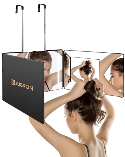 JUSRON 360 Grad Spiegel mit Licht, Klappspiegel 3 Teilig Haare Selbst Schneiden, Höhenverstellbarer&Wiederaufladbarer Kosmetikspiegel Rasierspiegel Friseurspiegel für Makeup Rasieren Frisieren von JUSRON