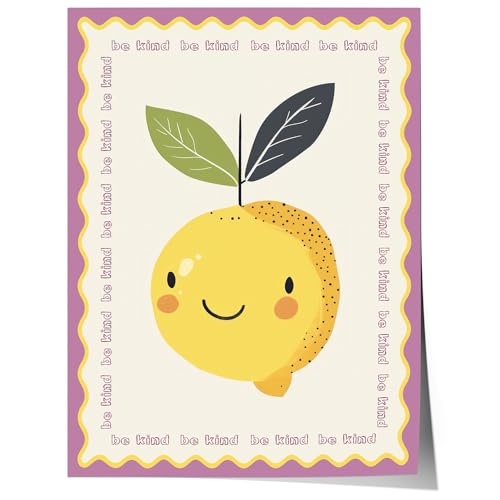 JUST GOOD MOOD Poster Kinderzimmer Zitrone · Be Kind Spruch · Fruchtige Wanddeko mit Gesicht · Liebevolle Botschaft für Kinder · Dekoprint ohne Rahmen Größe 21x30cm von JUST GOOD MOOD