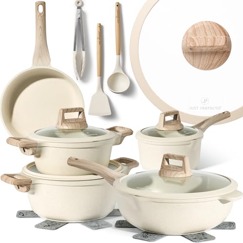 JUST PERFECTO Induktions Töpfe Set 14 pcs Pfannenset mit deckel - Induktions Töpfe Set - töpfe & pfannen set ohne PTFE und PFOA - Kratzschutz-Silikon Kochgeschirr Topfset induktion 14 pcs beige von JUST PERFECTO HOUSEHOLD APPLIANCES