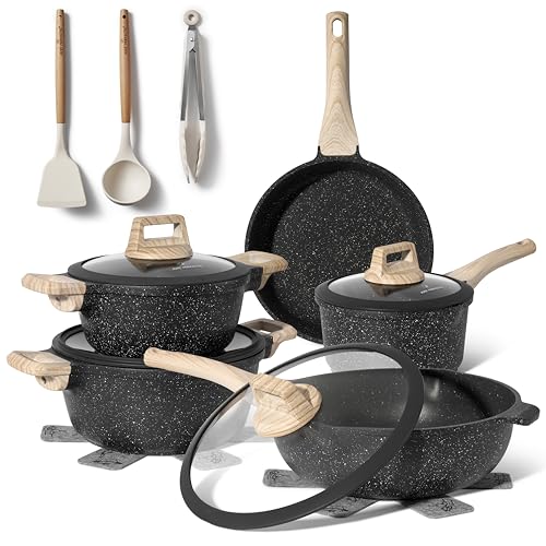 JUST PERFECTO Induktions Töpfe Set - Pfannenset mit deckel - Induktions Töpfe Set - töpfe & pfannen set ohne PTFE und PFOA - Kratzschutz-Silikon Kochgeschirr Topfset induktion 14 pcs black von JUST PERFECTO HOUSEHOLD APPLIANCES