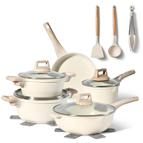 JUST PERFECTO Topfset Induktion - Pfannenset mit deckel - Pfanne 24cm, Bratpfanne 28 cm - kochtopf set 28cm antihaft pfanne ohne ptfe und pfoa (14-Teilig Beige) von JUST PERFECTO HOUSEHOLD APPLIANCES