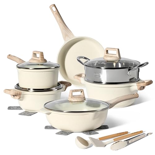 JUST PERFECTO Topfset Induktion - Pfannenset mit deckel - Pfanne 24cm, Bratpfanne 28 cm - kochtopf set 28cm antihaft pfanne pfanne ohne ptfe und pfoa (15-Teilig set Beige) von JUST PERFECTO HOUSEHOLD APPLIANCES