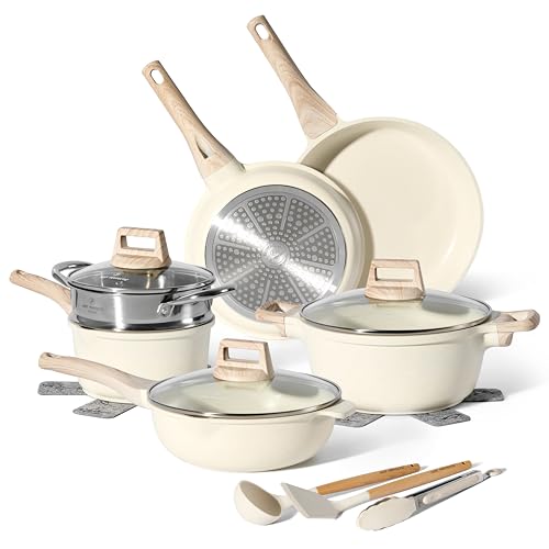 JUST PERFECTO Topfset und Pfannenset Induktion - Pfannenset mit deckel - Pots & Pans sets - töpfe und pfannen set ohne ptfe und pfoa - topf und pfannenset Aluminium mit Antihaftbeschichtung, Beige von JUST PERFECTO HOUSEHOLD APPLIANCES