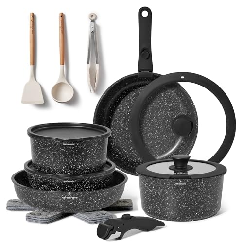 Just Perfecto 18-teiliges Kochgeschirr-Set mit Antihaftbeschichtung, mit abnehmbarem Griff, für alle Herdarten geeignet, auch Induktion, Antihaftbeschichtung ohne PFOA von JUST PERFECTO HOUSEHOLD APPLIANCES