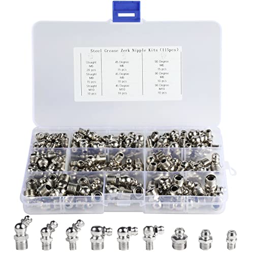 JUSTDOLIFE 115pcs Schmiernippel Sortiment, Hydraulik Zerk Abschmiernippel Fettverschraubung Sortiment Set M6 M8 M10 gerade, Fett Nippel Sortiment für Automobil, Motorrad, LKW, Landwirtschaft von JUSTDOLIFE